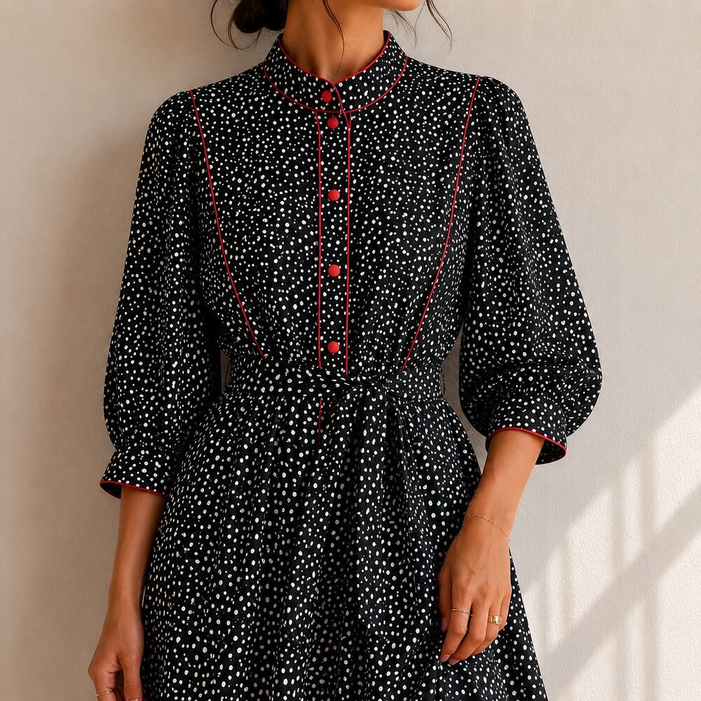 Vintage 80s Micro Polka Dot Secretary Dress Sz Small Twee Teacher Retro Feminine